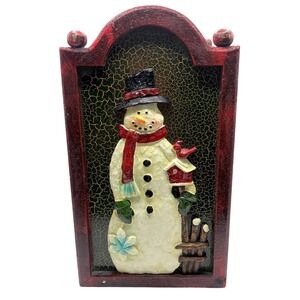 Rustic Wooden Box With Handle 10.25in Green & Burgundy Accents Snowman Cardinal